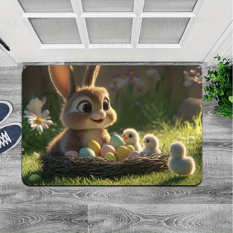 Easter-themed Rug featuring Adorable Rabbit and Chicks design, 8mm Thick Polyester Material for Anti-Slip Properties, Easily Washable Rectangle Mat suitable for Kitchen, Living Room and Bedroom Decor