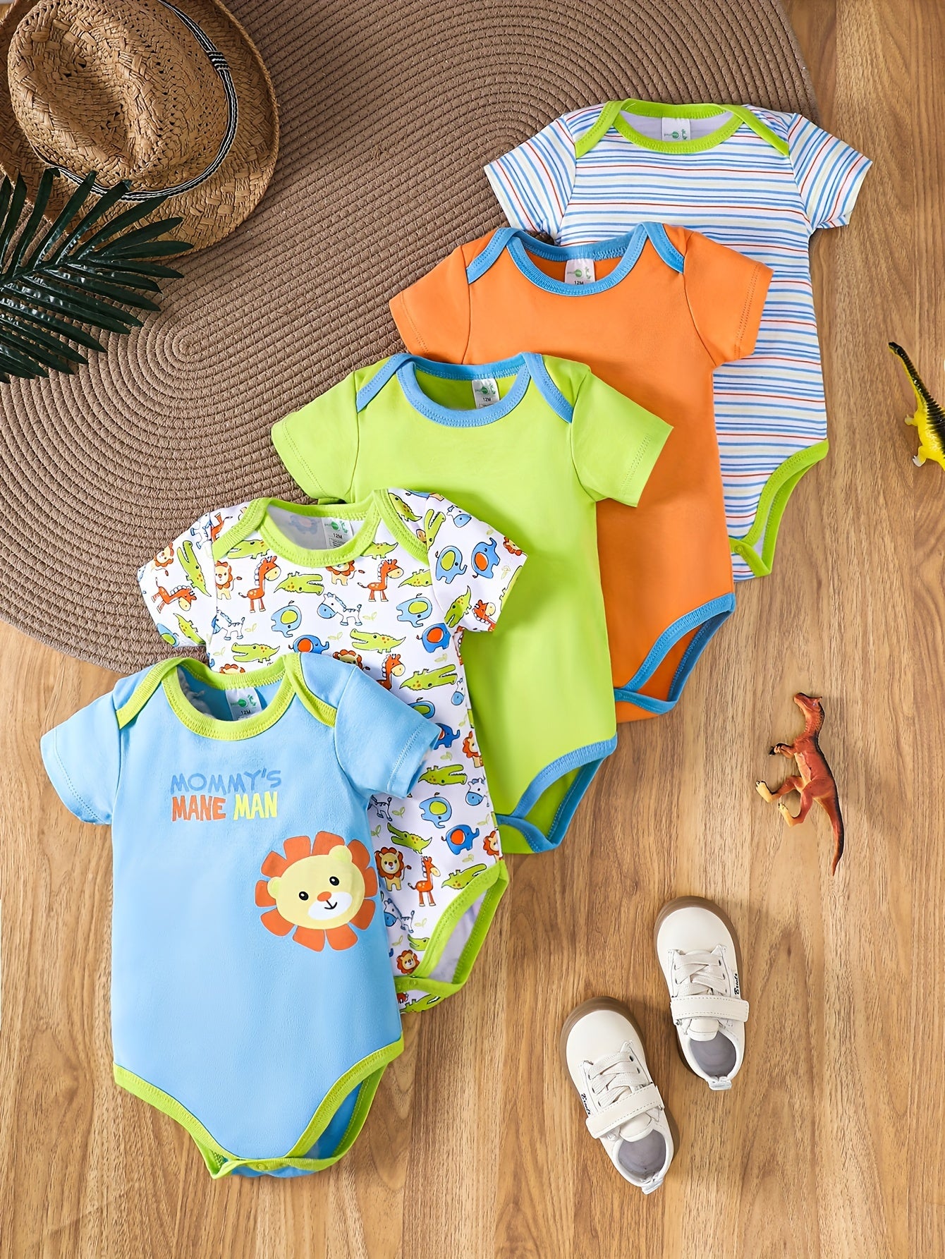 5pcs Baby Boy Cotton Romper Set featuring Cute Animal Patterns & Stripes. Machine washable, Summer-Ready with Round Neckline, Vibrant Colors. Perfect for outdoor activities.