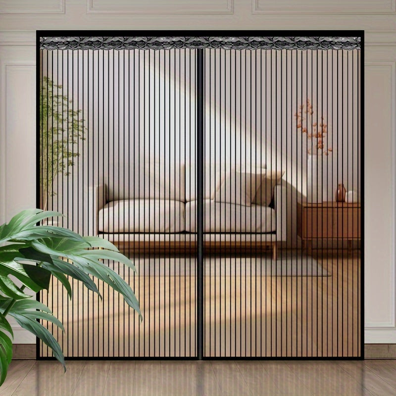 Luxury Black Striped Magnetic Mosquito Screen Door: Breathable, Auto-Closing for Bedroom & Home Decor