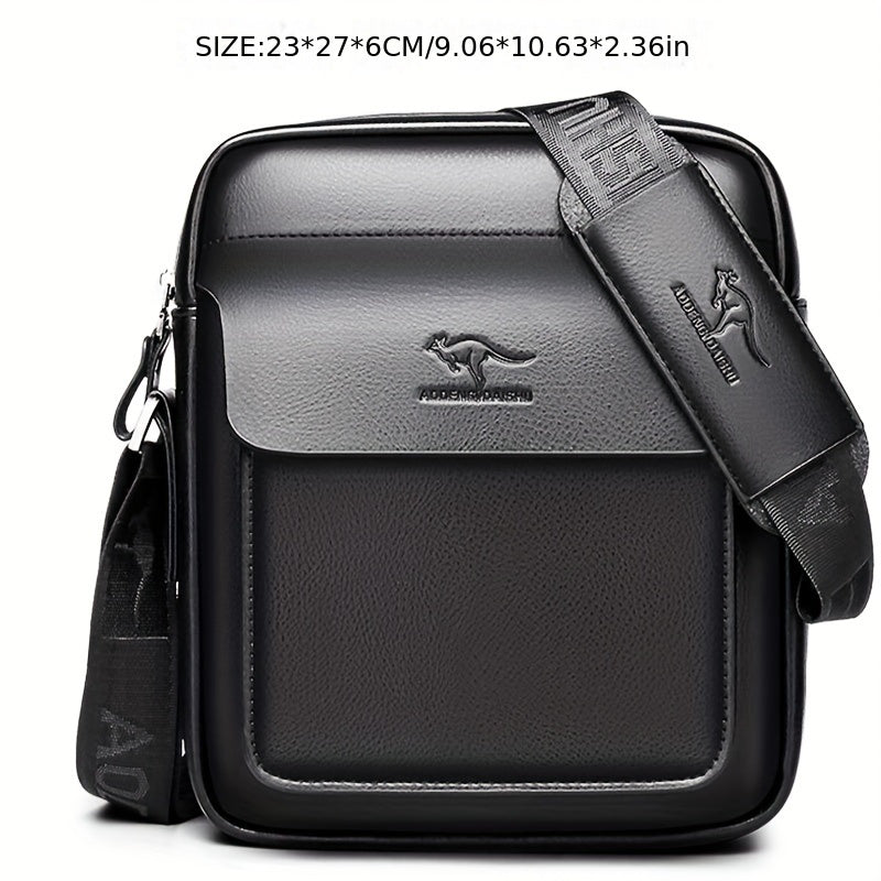 DOSHENG Men's Black Synthetic Leather Crossbody Bag with Embossed Dinosaur Logo - Adjustable Strap, Multi-Compartment Satchel for Office Use, Versatile Men's Accessory with Metallic Zipper.