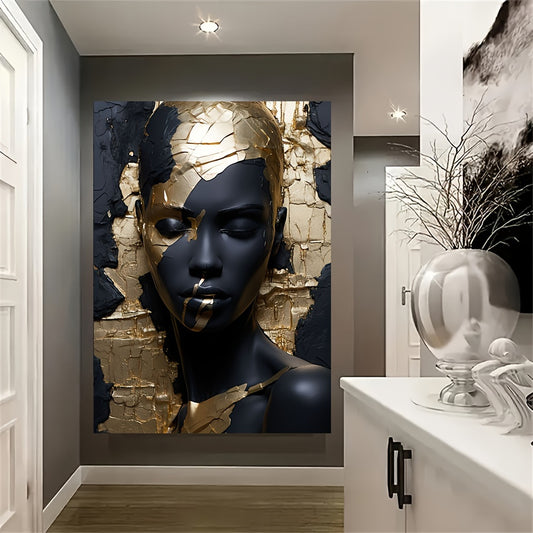 Modern, frameless Kintsugi golden portrait canvas art featuring an abstract woman face on a black background. Perfect for contemporary living room or bedroom decor.