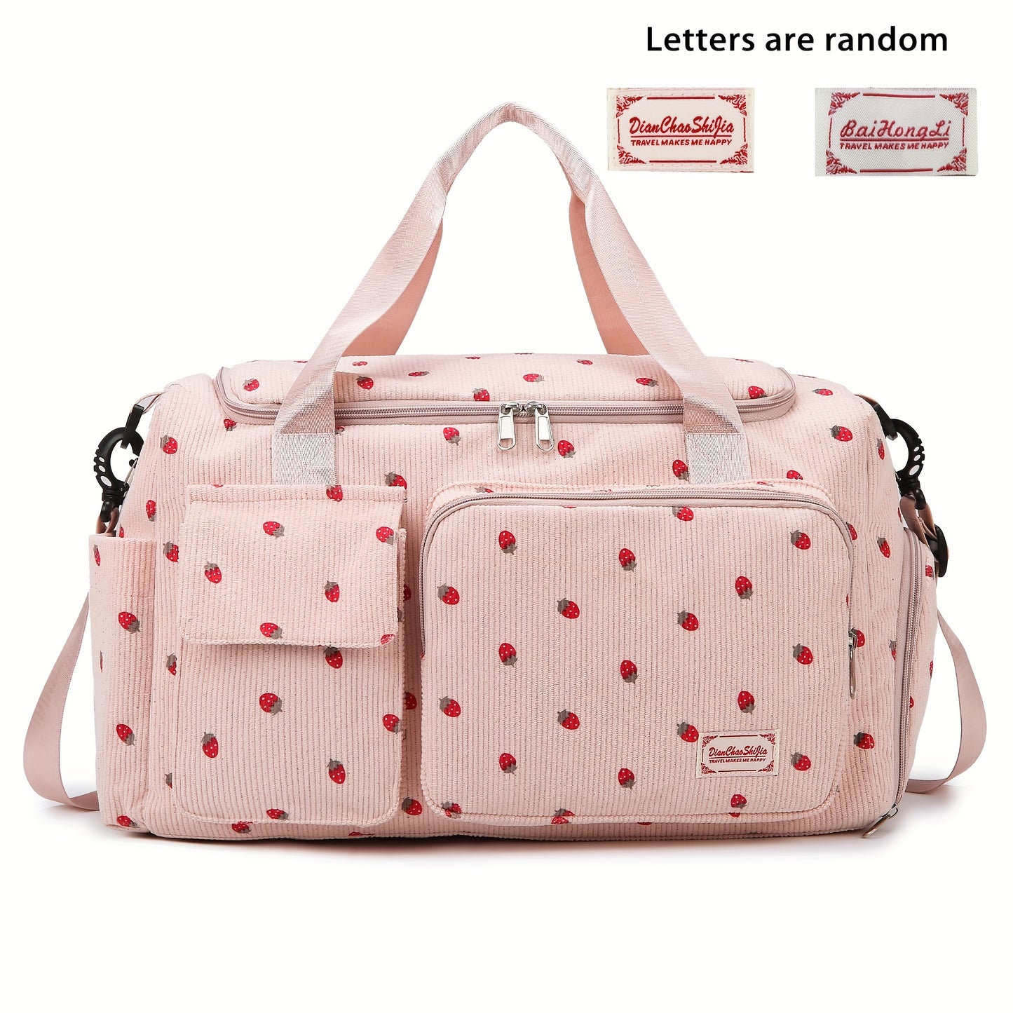 A spacious corduroy travel bag with strawberry print, wet and dry separation, shoe compartment, perfect for vacations, outings, school, crossbody use, and gym.