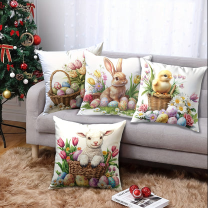 Set of 4 Easter floral throw pillow covers made of soft polyester with zip closure, hand washable. Ideal for sofa, home decor, office, and living room. No insert included. Single-sided printing.