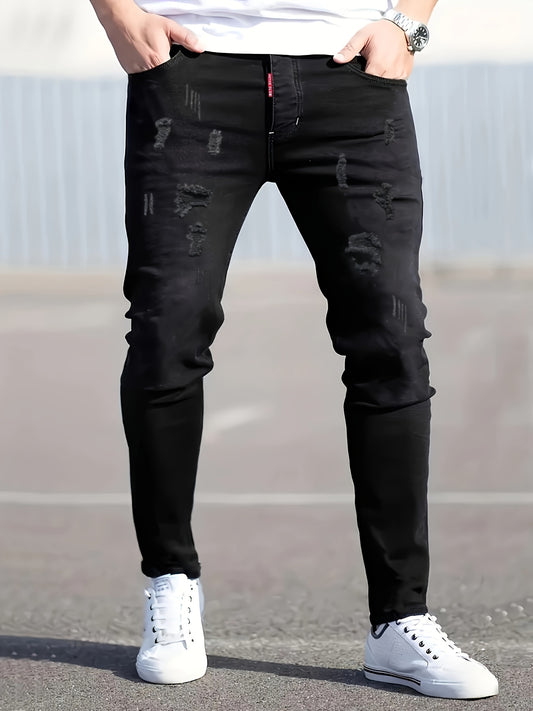 Men's Stretch Skinny Ripped Jeans in Classic Black, Machine Washable, Ideal for All Seasons