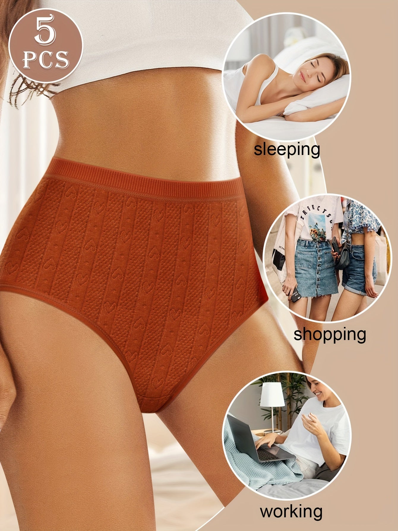 5 elegant high-waist women's briefs with jacquard design - comfortable, stylish, and breathable polyester blend.