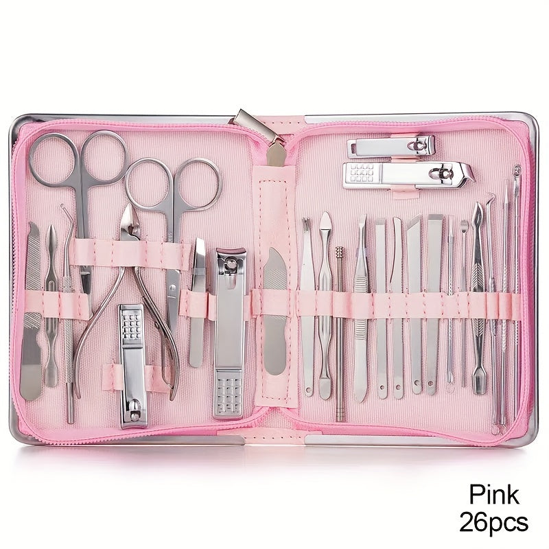 Nail clipper kit with 26 pieces for men and women, includes ear spoon and nail files.