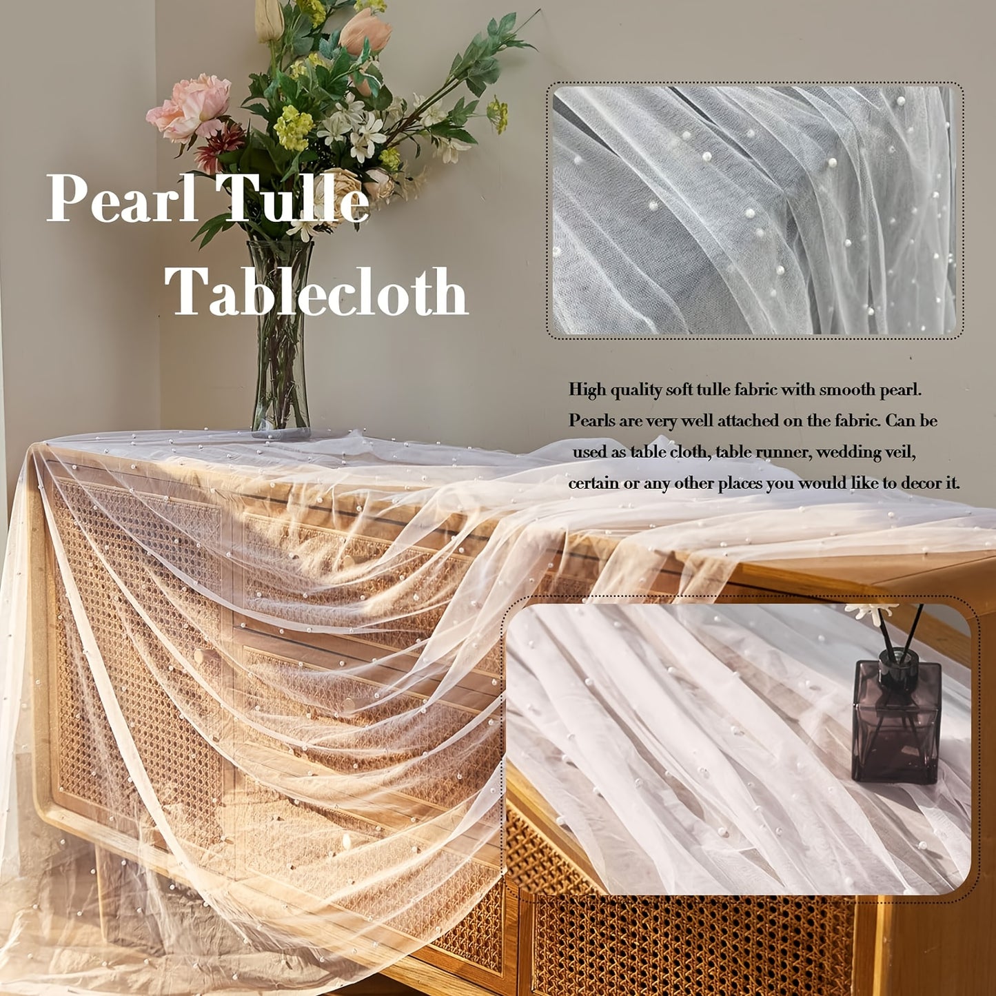 Elegant pearl bead tulle table runner, perfect for weddings and parties. Can also be used as a chair sash or backdrop drape. Made from 100% polyester fabric with delicate bead detailing.