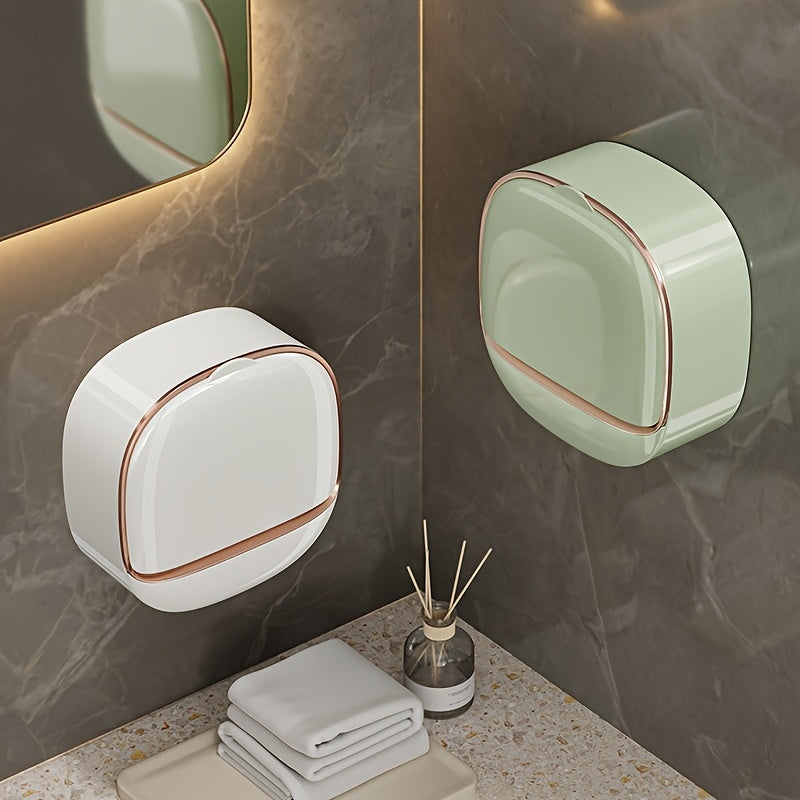 Wall-mounted soap holder with drain tray, double layer plastic rack for bathroom and kitchen storage.