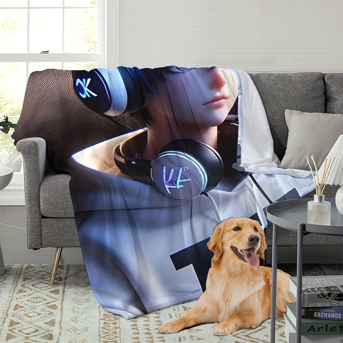 Modern Music Melody Headphones Throw Blanket - High-Quality Digital Print Polyester Throw Perfect for Any Setting, Great for Bedroom, Sofa, Car, and Travel - Lightweight and Comfortable Fabric, Simple and Stylish Design, Suitable for All Seasons.