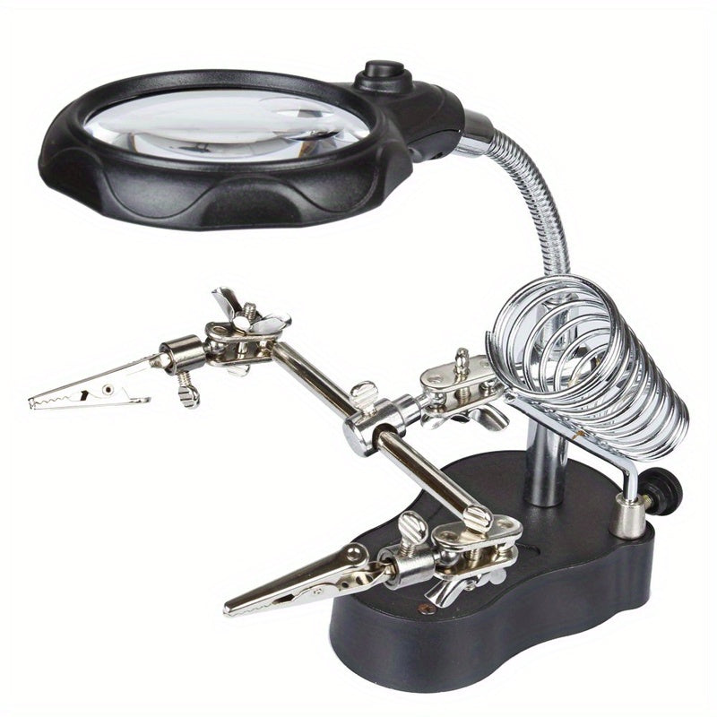 Magnifying glass stand with LED lights, helping hand magnifier for soldering work including auxiliary clamp and clips.