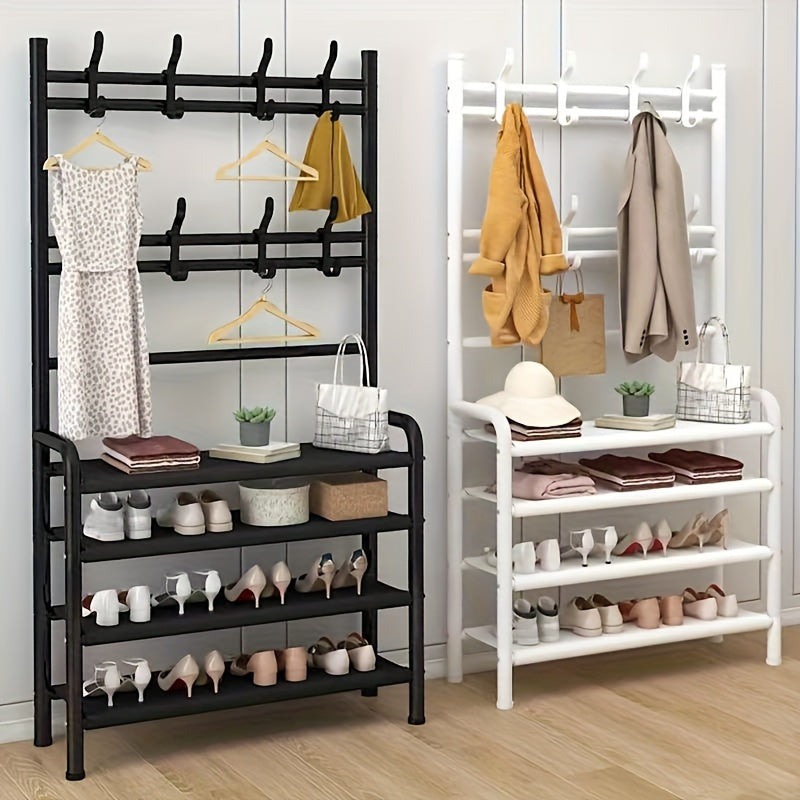 This versatile Metal Entryway Shoe Rack measures 80cm/31.49in wide and features 8 hooks for convenient storage of shoes, scarves, and hats. Perfect for entryways, living rooms, and bedrooms, this rack is easy to install and move around, requiring no wood