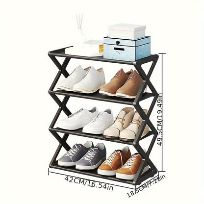 4-Tier Folding Shoe Rack in Retro Style, Holds 12 Pairs, Space-Saving Organizer, No Power Needed, Foldable Boot Rack for Living Room, Made of Black Metal and Plastic, Ideal for Home and Kitchen Storage