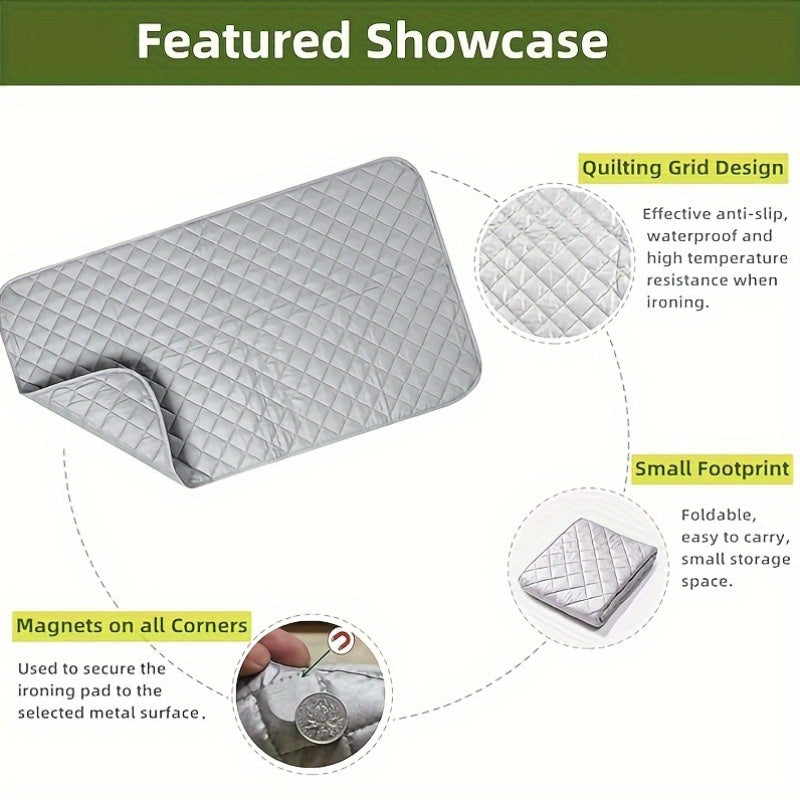 HeatGuard Magnetic Ironing Mat, 83.82x45.72 cm made from Quilted PET Material, Foldable & Portable, Non-Slip, Waterproof Iron Pad with Anti-Scorch Design, No Power Required