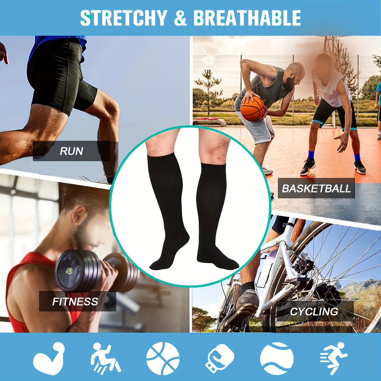 6 pairs of comfortable and breathable compression socks for men and women, perfect for sports like running, cycling, basketball, football, and hiking.