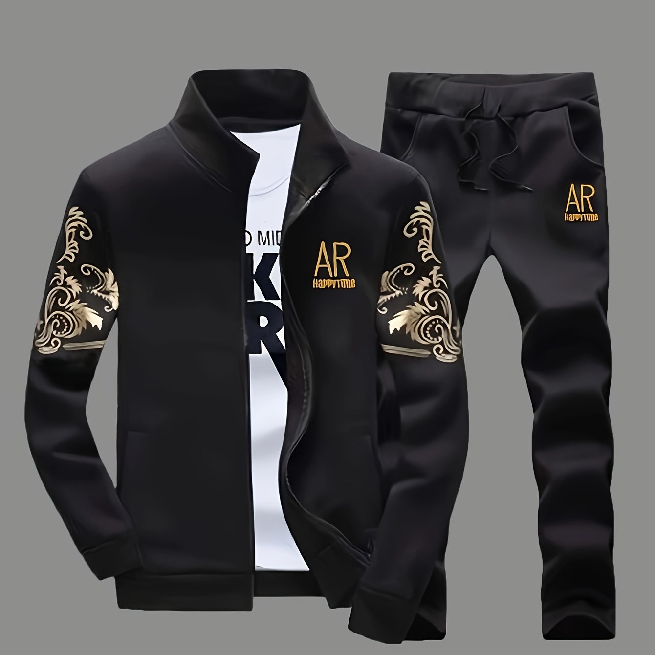 Men's casual sports outfit set with long sleeve, floral print, pockets, and regular fit.