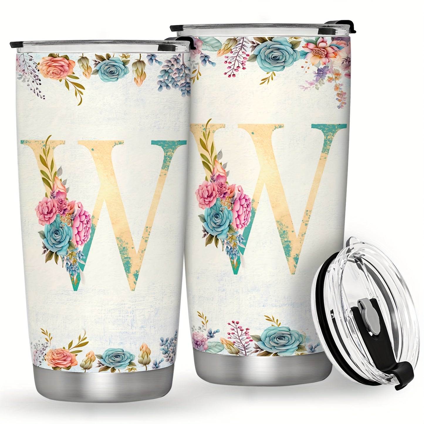 20oz Stainless Steel Tumbler with Initial Monogram, Floral Design, Leak Proof Lid, Perfect for Outdoor Activities, Great Gift for Holidays.