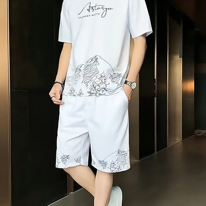 Men's casual 2-piece set: short sleeve t-shirt and drawstring shorts made of breathable polyester, perfect for summer fashion.