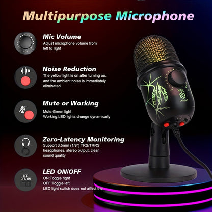 LMBGM USB Condenser Microphone with RGB Lighting, Volume Control, Noise Reduction, USB-C Connector, Unidirectional Polar Pattern; ideal for Gaming, Singing, Streaming, Video Conferencing