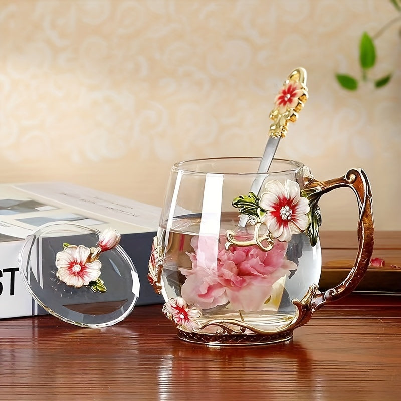 Enamel floral glass tea cup set, ideal for home, office, and parties. 320ml/350ml, reusable and high-quality. Perfect for breakfast, milk, and juice. Great gift idea.