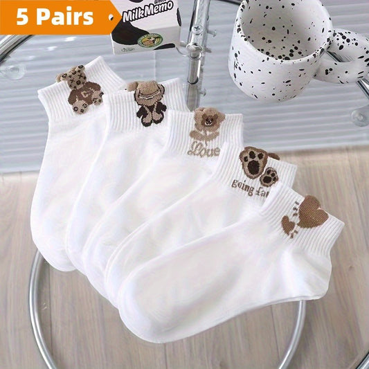 5 pairs of women's cute cartoon teddy bear short socks in coffee color. Made from breathable polyester blend and are comfortable. Machine washable.