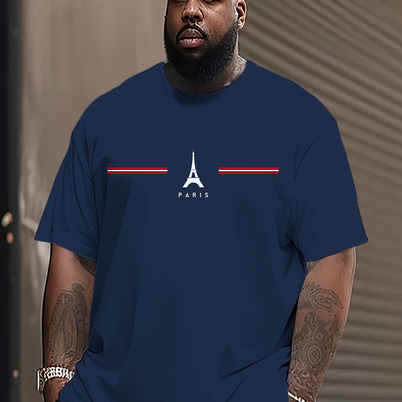 HXMRBY Men's plus size sports T-shirt with 3D Eiffel Tower print, short sleeves, round neck, striped polyester fabric, and regular fit.