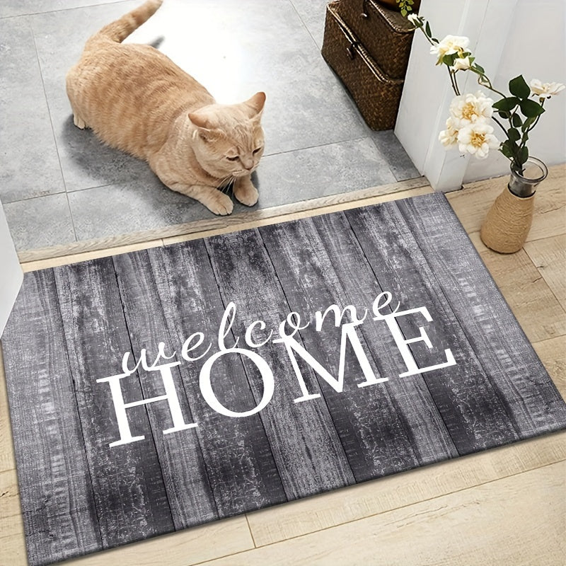 Wood panel design welcome mat made of non-slip, easy-to-clean, lightweight and fade-resistant material suitable for both indoor and outdoor use. Ideal for use in living rooms, bedrooms, kitchens, patios, and laundry rooms.