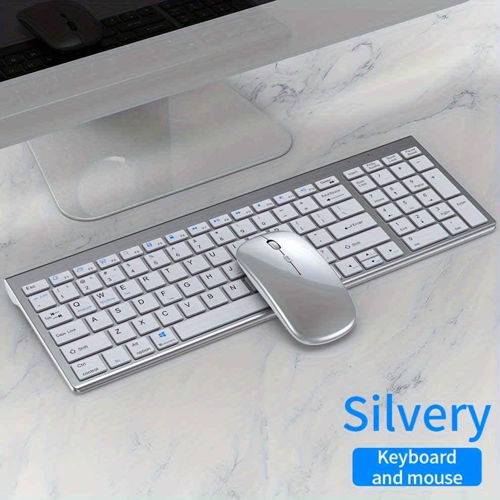 Rechargeable full-size wireless keyboard and mouse combo for multiple devices.