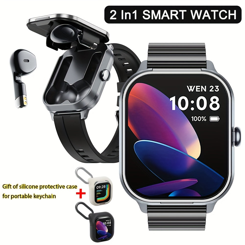 Paearofero 2-in-1 Smart Watch with TWS Earbuds, Wireless Charging, Large TFT Screen, Fashionable Square Alloy Case, Call/Date/Weather Features, Interchangeable Straps, Keychain Case