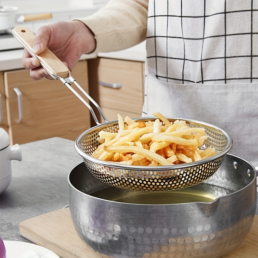 Top-quality Stainless Steel Colander with Wooden Handle - Strainer Spoon with Fine Mesh for Cooking, Meal Preparation & Oil Straining - Great for Spaghetti & Ramen, Excellent for Household and Dining Establishments.