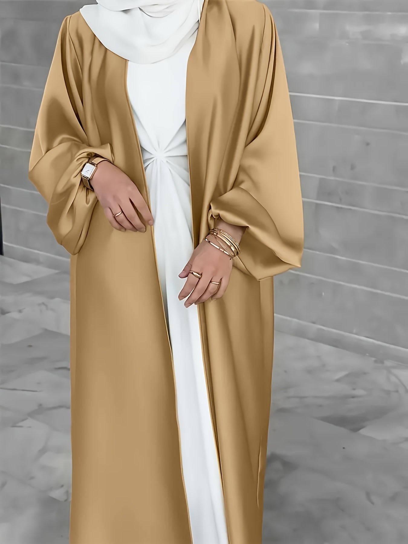 Long, elegant dress with puffed sleeves, slit hem, belt, and regular fit suitable for all seasons. Made of solid color, non-stretch polyester.