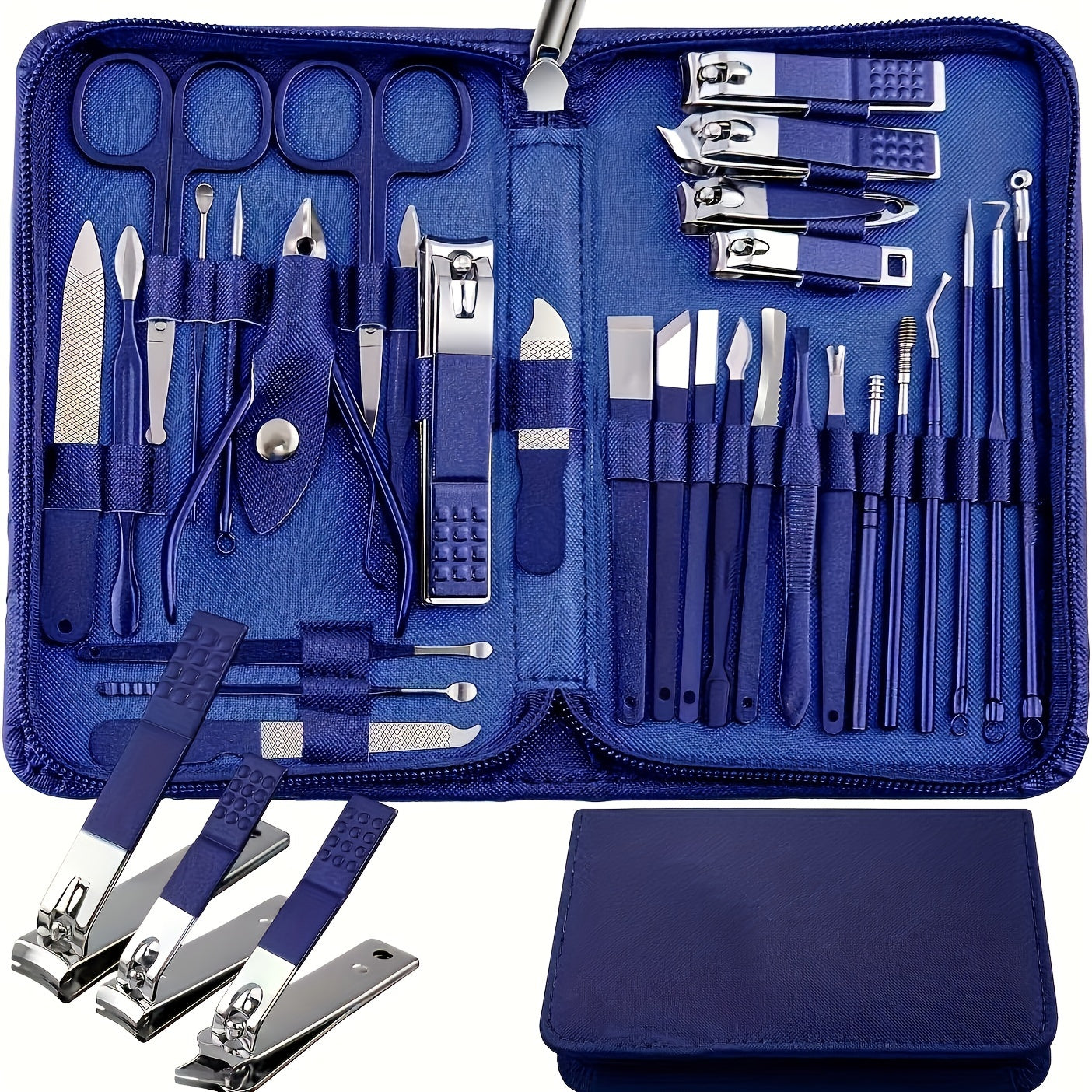 Deluxe 30-piece nail care set with stainless steel tools and rotating head in compact blue travel case. Ideal for manicures and grooming.