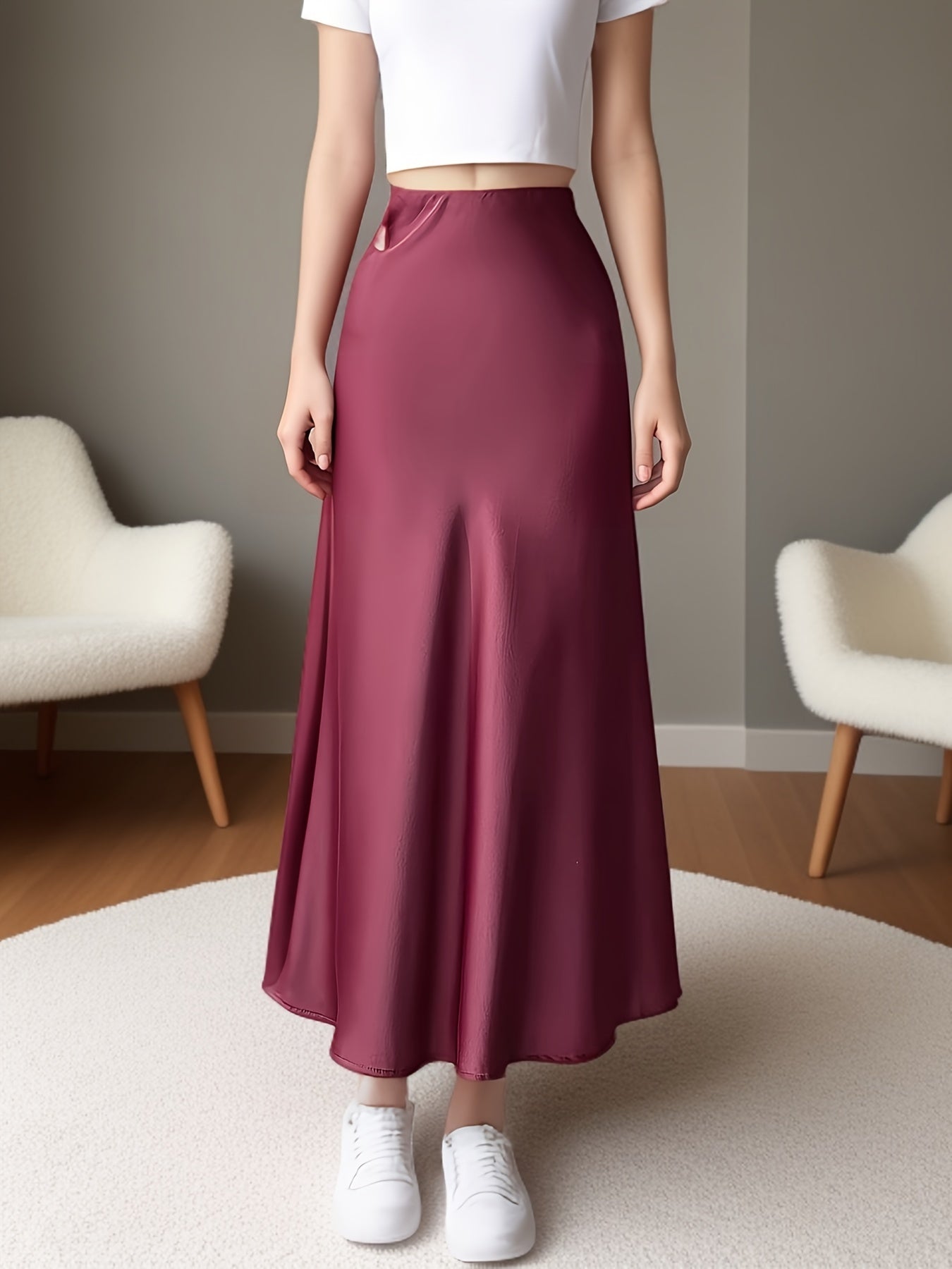 Stretchy imitation acetate satin midi skirt with fishtail design for women.