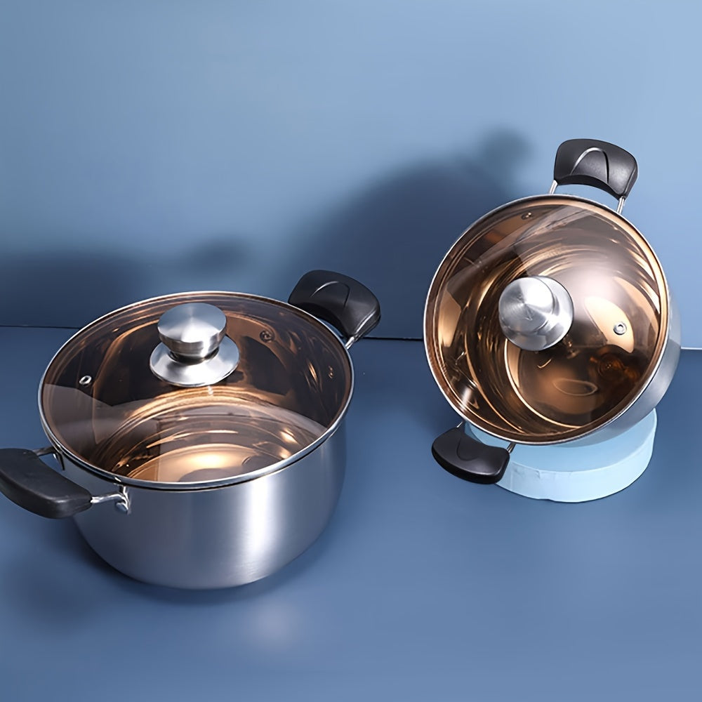 Soup pot with lid made of stainless steel - featuring dual handles, compatible with induction cooktops, and safe to use in the dishwasher for home kitchen cooking.