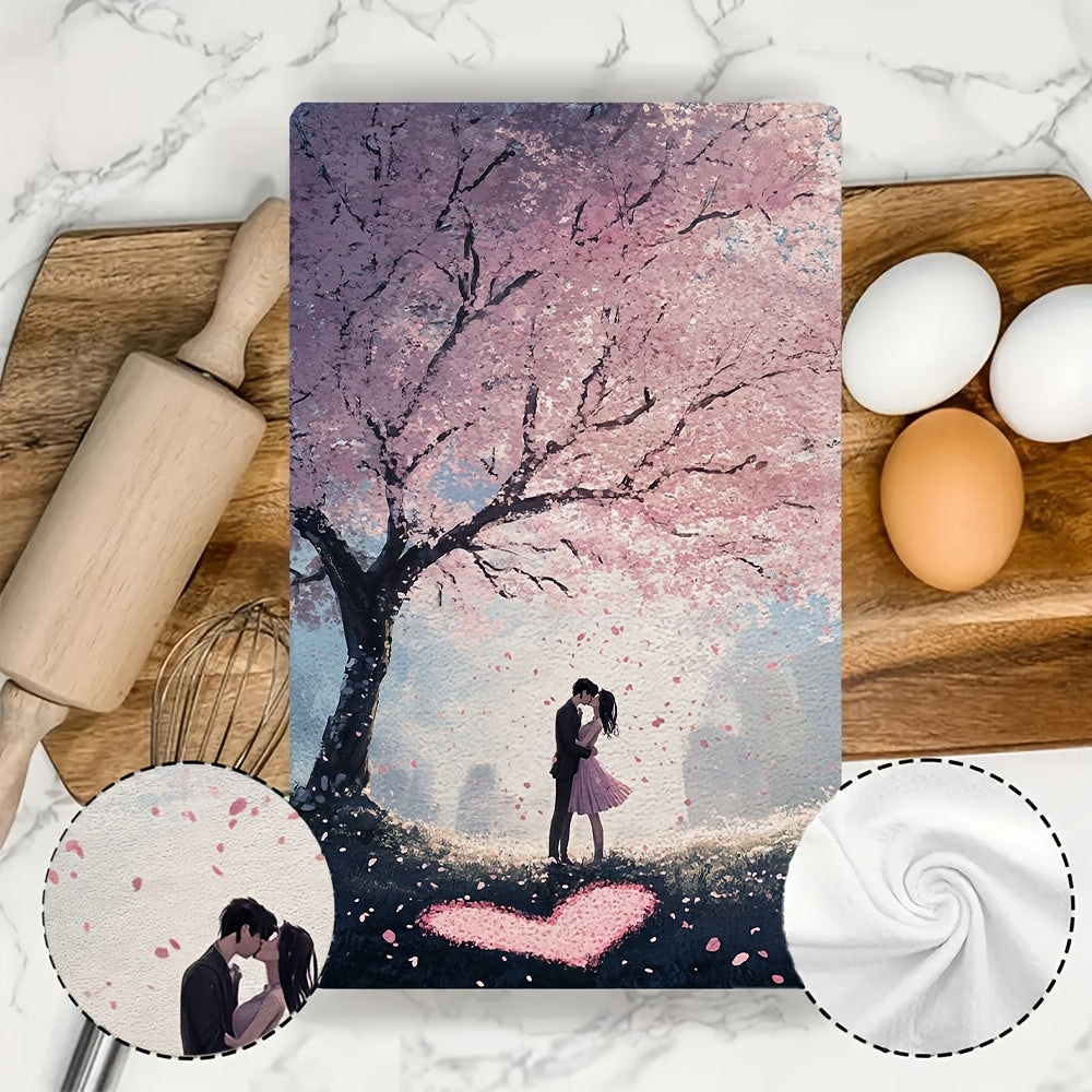 Kitchen Towels Ultra Soft, Set of 2, Featuring a Romantic Scene Under a Cherry Blossom Tree with Petals Falling as a Couple Kisses Beside a Heart Drawn in the Grass. Highly Absorbent Dish Hand Towels for Holiday Decor. Machine Washable, Measures 16x24