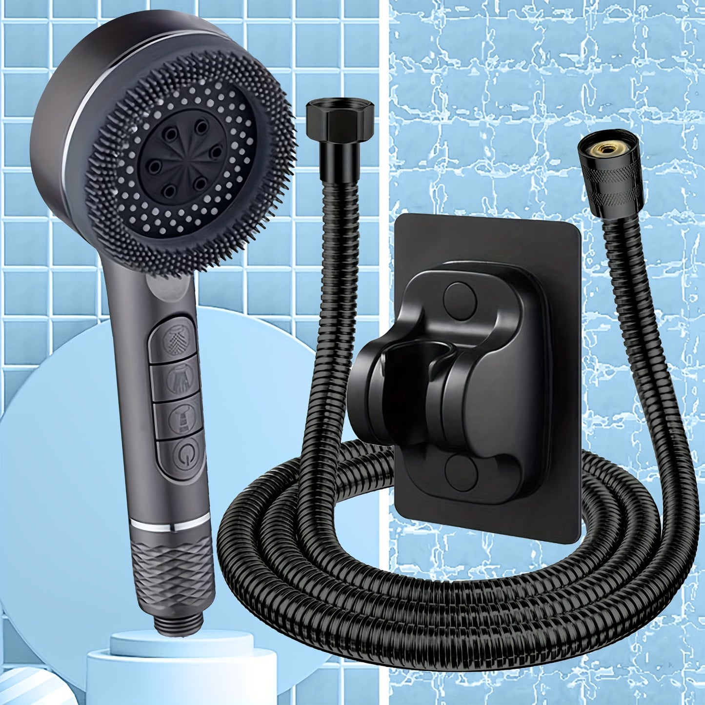 High-pressure handheld shower head with 5 modes, includes stainless steel hose and adjustable bracket, no batteries required.