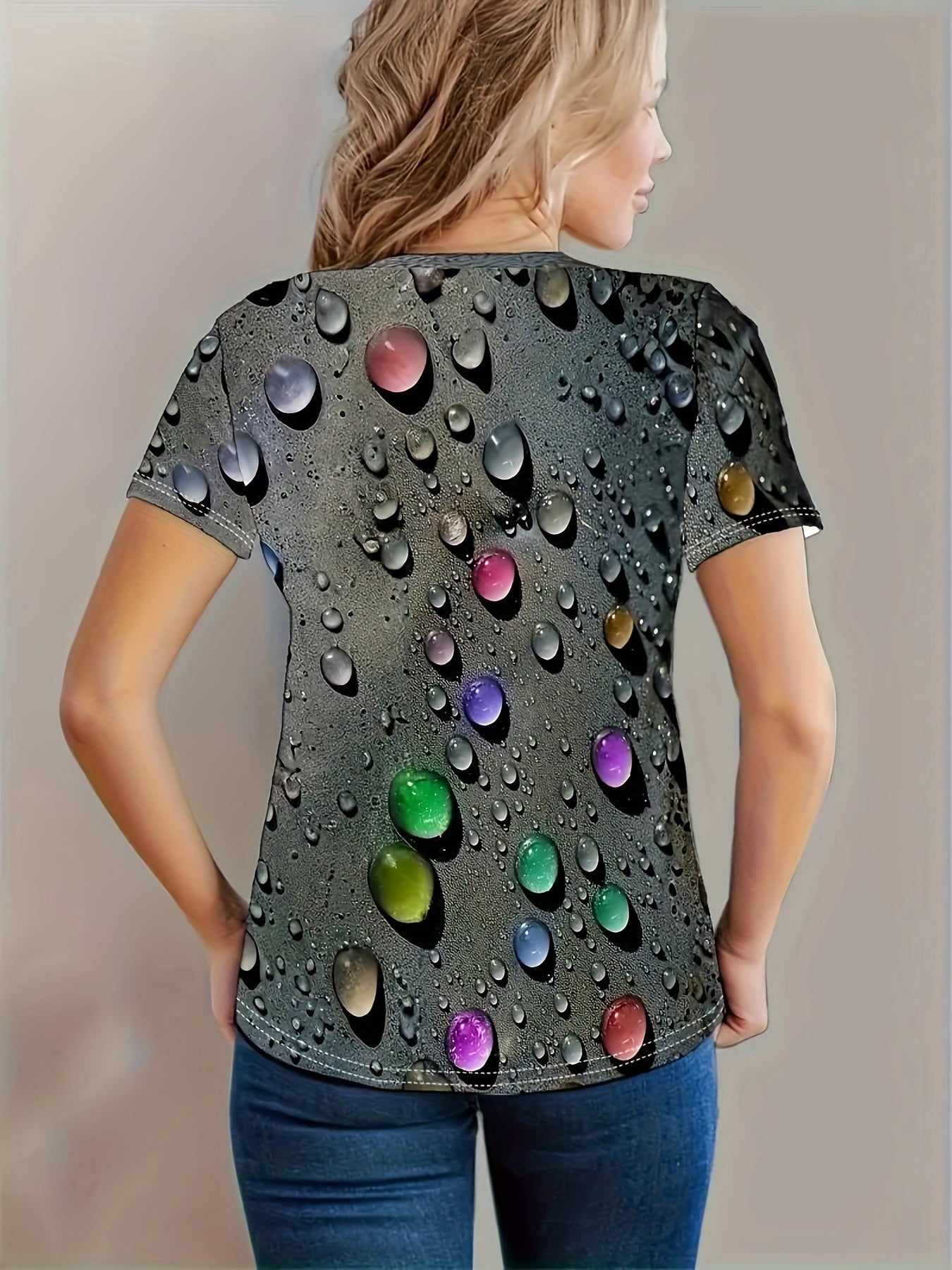 Women's Water Drop Print Casual Tee - Round Neck, Short Sleeve, Stretch Polyester Blend, Summer Top - Machine Washable.