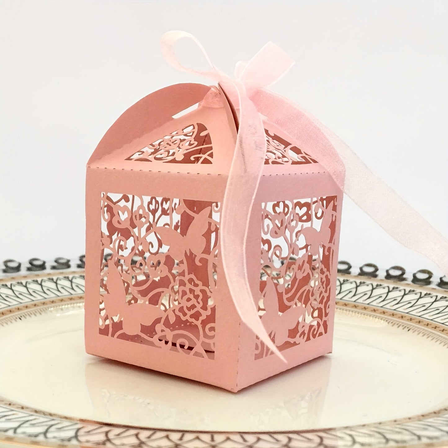 Laser Cut Candy Boxes with Pink Floral Butterfly Design - Set of 50 with Ribbons, Ideal for Weddings, Birthdays, and Bridal Showers