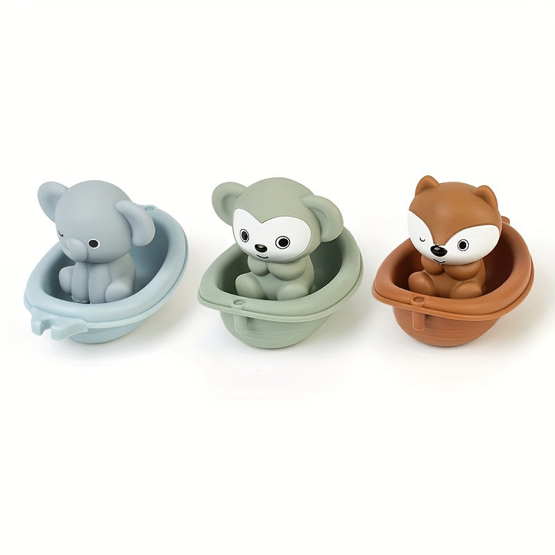 Floating boat toy for the bath, featuring animal finger covers for young children to play with in the water. Stackable and fun for youngsters.