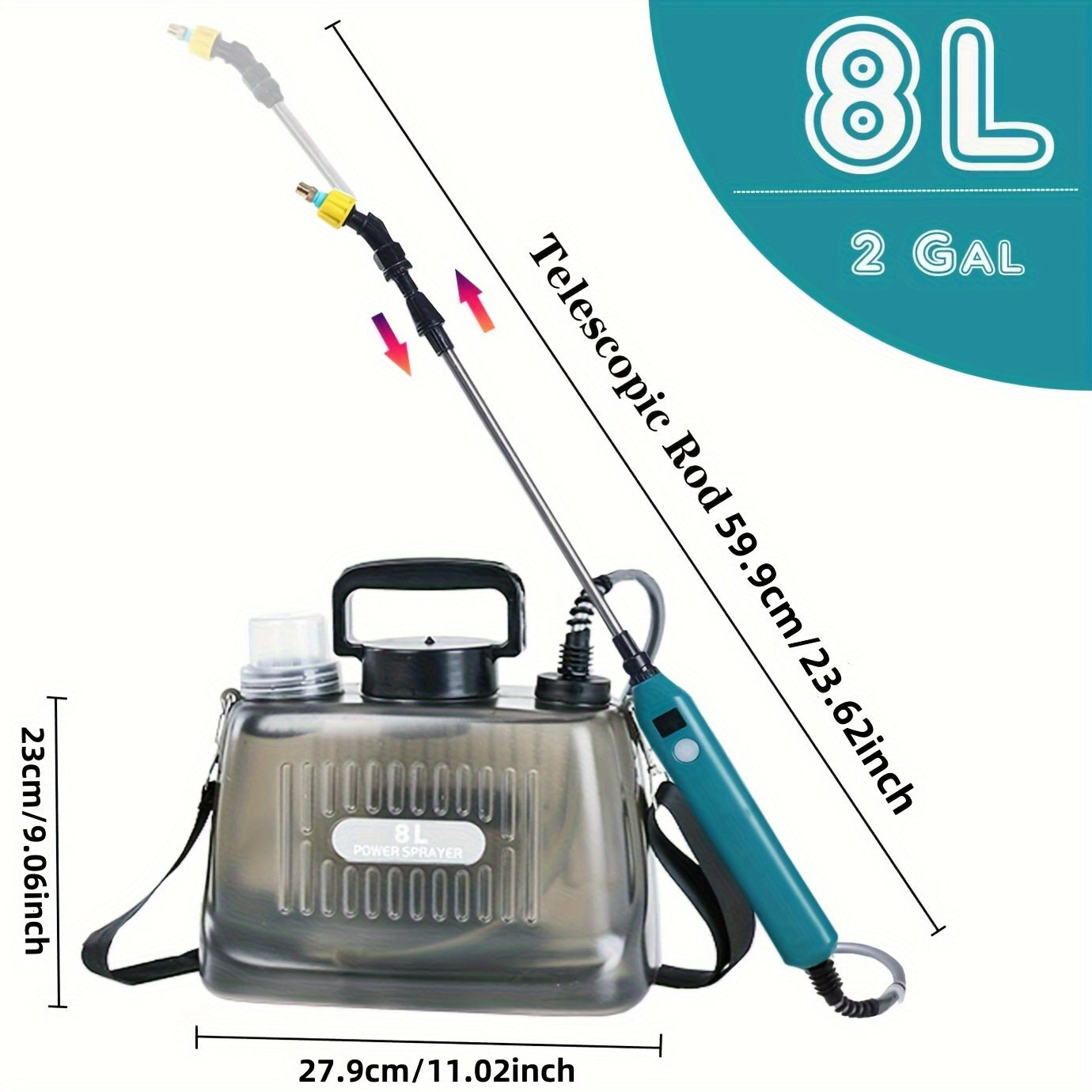 1 electric garden sprayer with telescopic wand, battery level indicator, rechargeable lithium battery, 3 nozzle options, USB charged for lawn care.