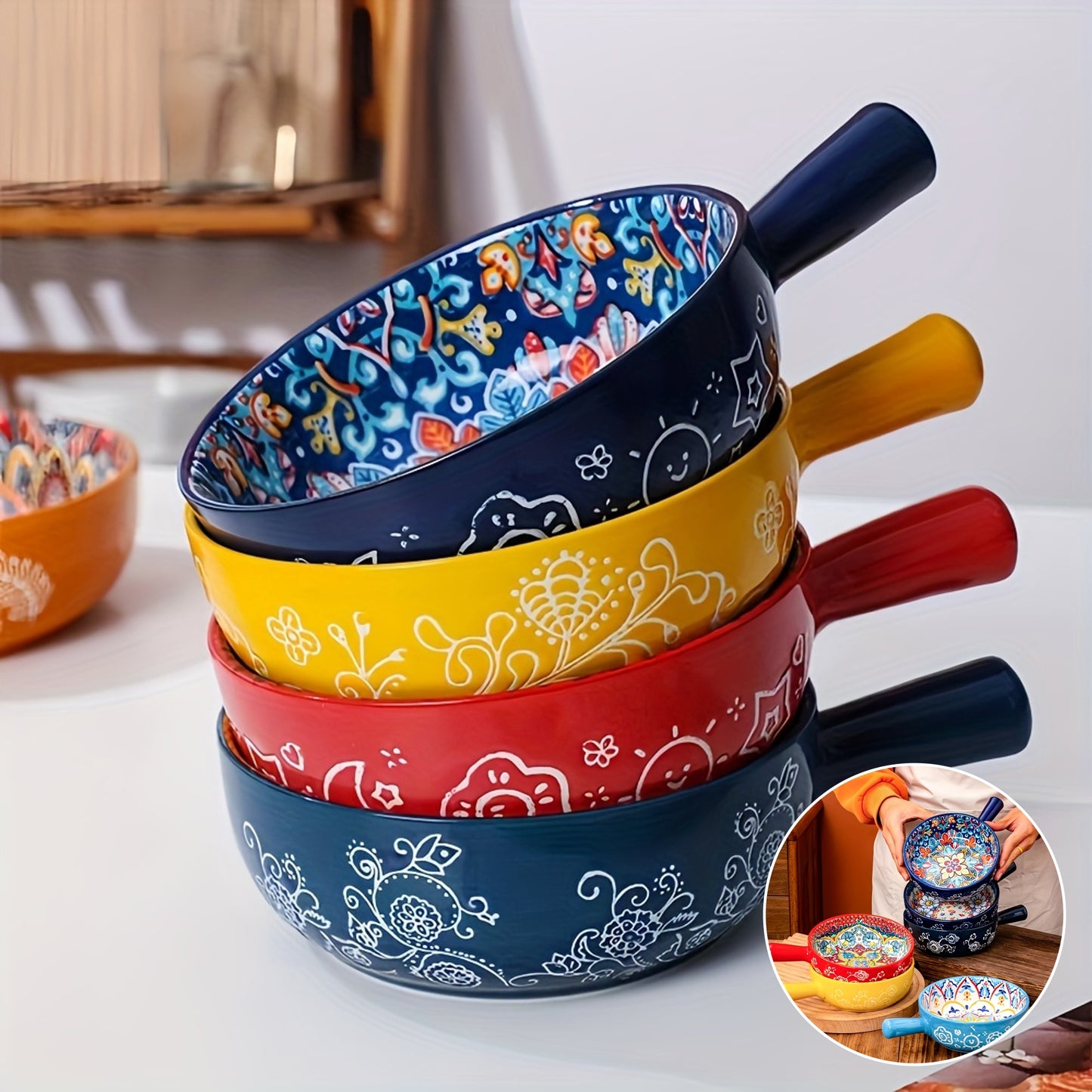 22.1 cm Bohemian ceramic salad bowl with handle, microwave and oven safe for home baking and serving.