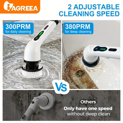 The electric cleaning brush features a rotary floor scrubber, wireless design, and 8 replaceable brush heads. With an adjustable extension handle and 360-degree rotation, this cordless cleaning brush is perfect for bathrooms and bathtubs. It includes a