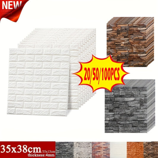 3D wall tile stickers - 20/50/100 pcs available in brick pattern, self-adhesive, waterproof, easy to clean, and suitable for kitchen, living room, bathroom, and corridor.