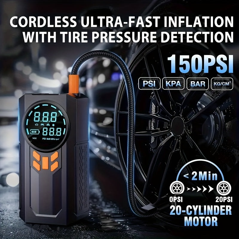 5-in-1 portable car starter includes air compressor, 150PSI tire inflator, USB rechargeable lithium battery (8000mAh), and peak power of 12V 1000A.