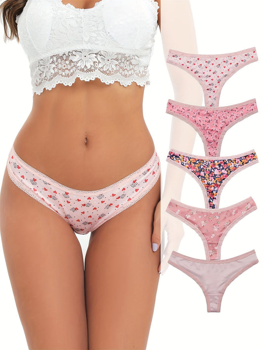 Pink floral & leopard print thongs with lace trim - 5 pieces, low rise, stretchy women's underwear.