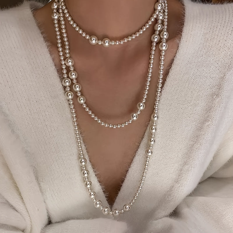 Exquisite Vintage-Inspired Double Layer Faux Pearl Necklace - Elegant Long Sweater Chain for Women, Ideal for Casual Wear