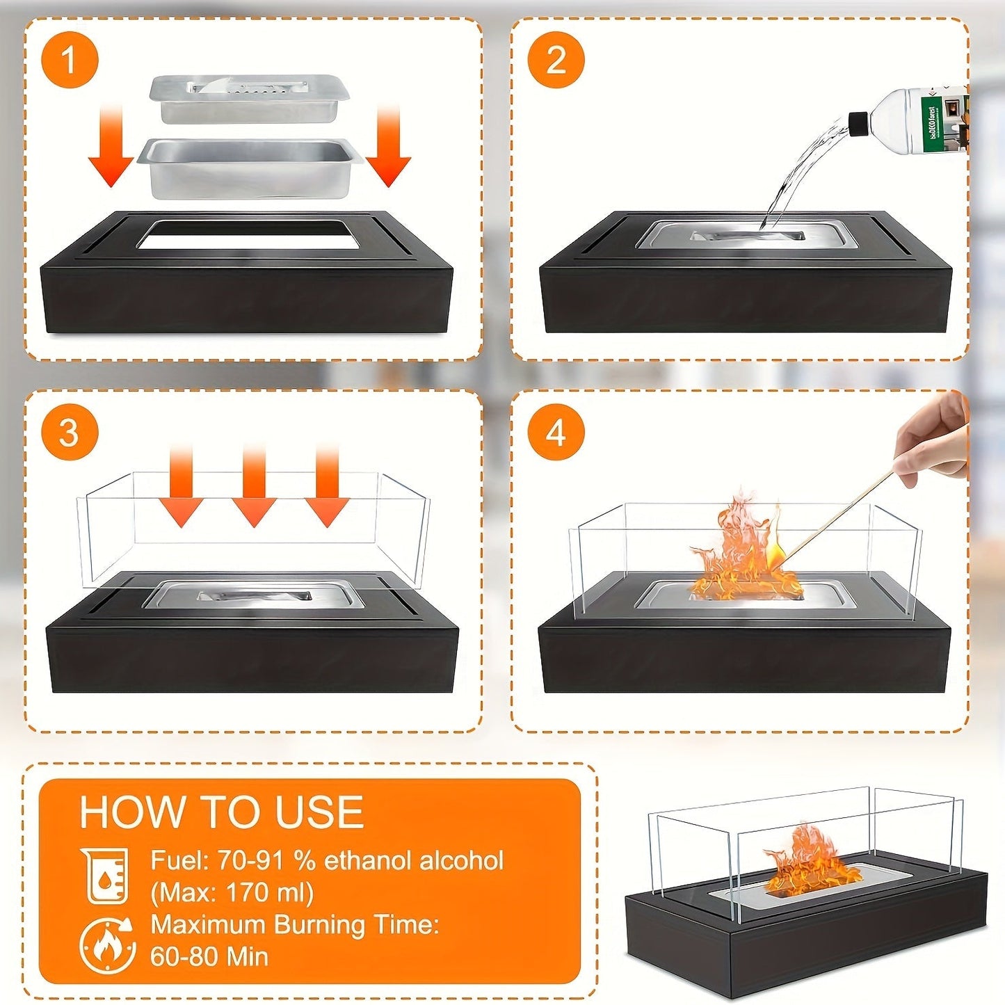 Ideal housewarming gift, this classic style stainless steel portable tabletop fire pit combines glass and metal for a stylish design. With natural ventilation and no need for electricity, it is perfect for indoor or outdoor use, making it ideal for