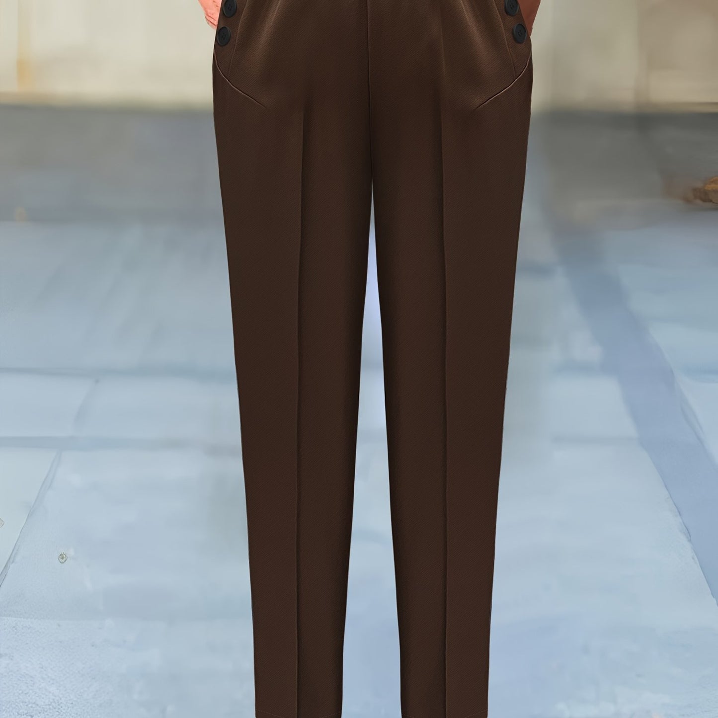 Plaid print elastic waist pants with button decor, perfect for work.