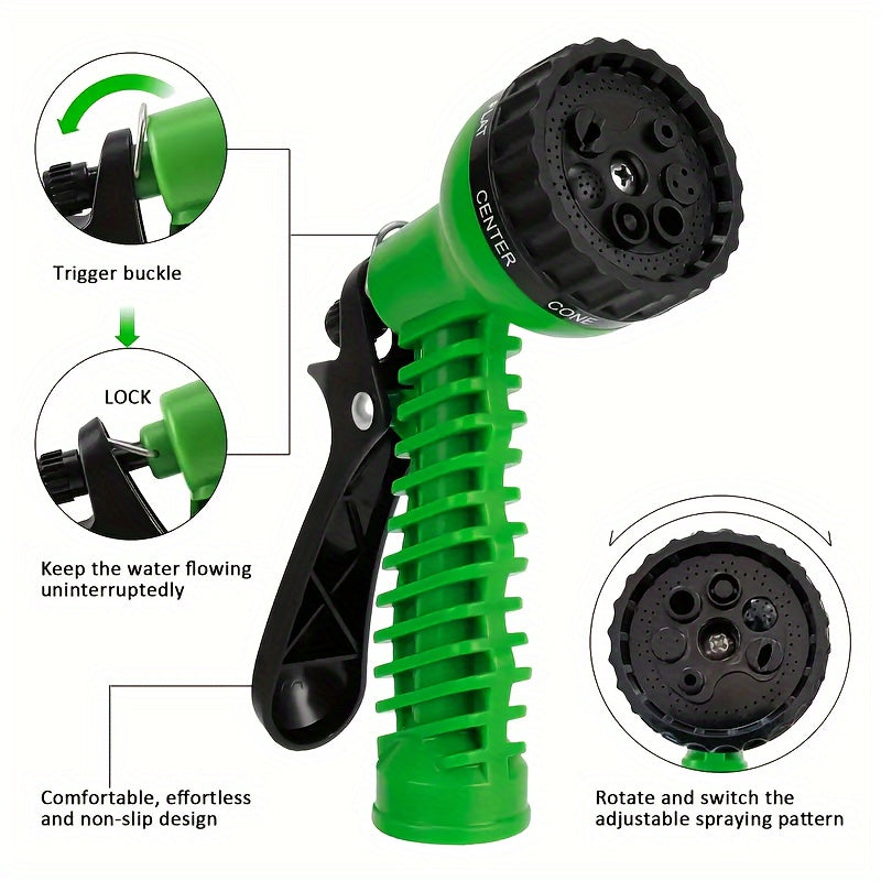 Vibrant green expandable garden hose in 7.62m/15.24m/22.86m/30.48m options, with multi-purpose sprayer. Great for yard watering and car washing with durable PP material.