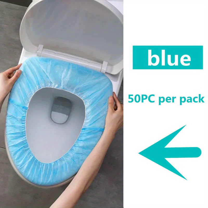 Disposable toilet seat covers in packs of 10, 20, 30, or 50. Individually wrapped with premium elastic strap for portability. Waterproof, stain-proof, and non-slip for travel, home, or potty training. Ideal as a gift for teenagers.