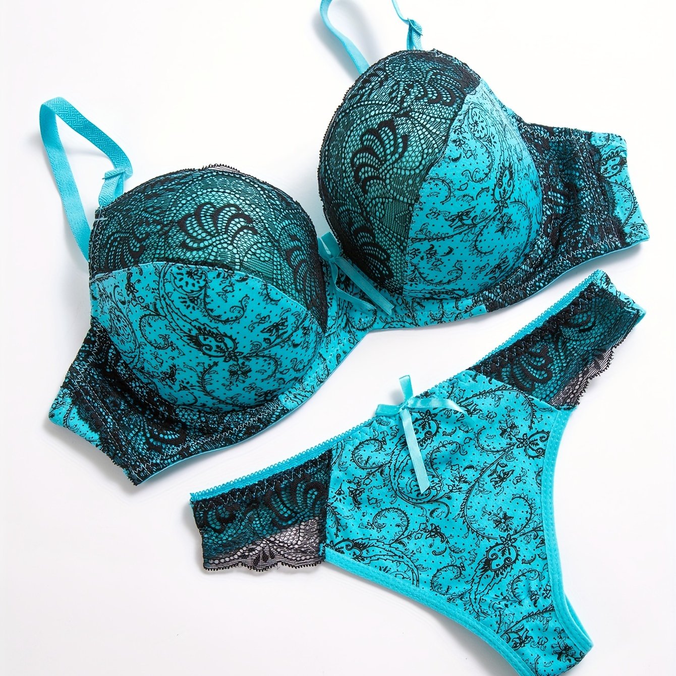 Contrasting Lace Bra and Panty Set, Push Up Bow Tie Bra and Thong Set for Women's Lingerie.